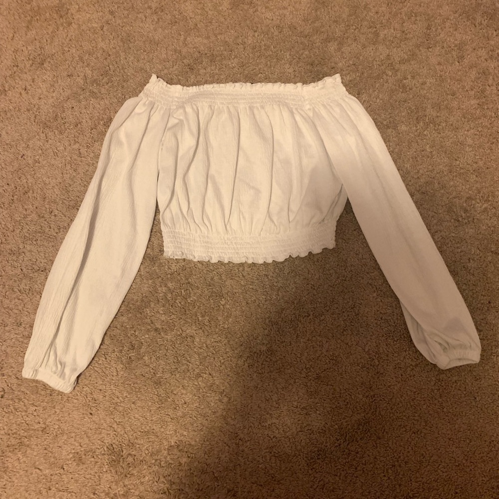 White off the shoulder, long sleeved, cropped shirt, size medium